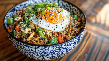 A colorful bowl of fried rice with scrambled egg and fresh vegetables, garnished with green onions and sesame seeds, set on a wooden table for a cozy feelの素材