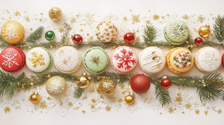 Christmas macaron collection with colorful holiday decorations, surrounded by pine branches and golden ornaments for a magical lookの素材