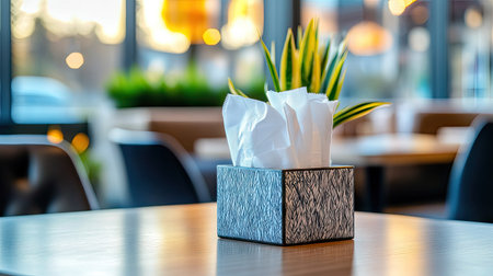 Close-up of tissue in a stylish napkin box on a modern table, capturing details of texture and table decor.の素材