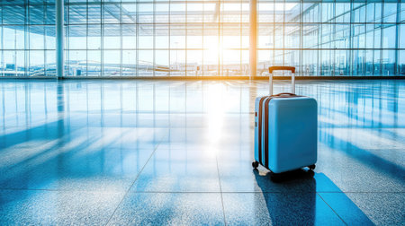 A single suitcase in a vast airport hall with sunlight streaming through large windows and shiny floors, creating a moment of quiet anticipationの素材