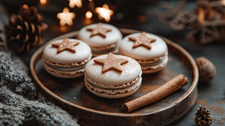 Christmas-inspired macarons with gingerbread and cinnamon accents, placed on a rustic tray with holiday decorationsの素材