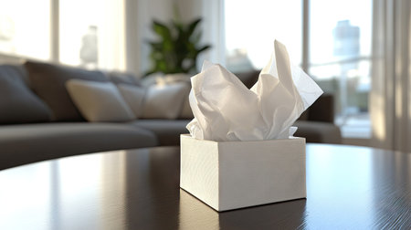 A decorative tissue box on a polished table, with a cozy room background featuring soft lighting and calm decor.の素材