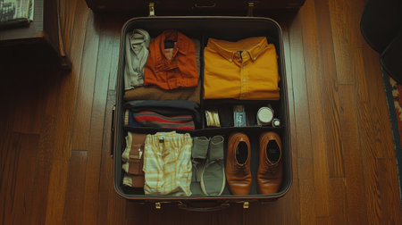 A neatly packed suitcase on the floor, with clothes, shoes, and travel-sized toiletries, ready for an organized and enjoyable tripの素材