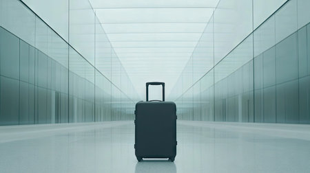 A single suitcase standing in a modern, empty airport terminal with tall glass walls and bright, open spaces, symbolizing travel and solitudeの素材