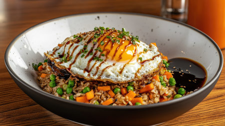 Bowl of fried rice with scrambled egg, carrots, peas, and green onions, with soy sauce on the side, perfect for an Asian-inspired mealの素材