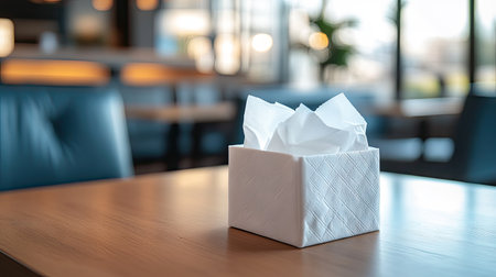 Close-up of white tissue paper in a stylish napkin holder on a table, capturing details of the paper texture and table surface.の素材