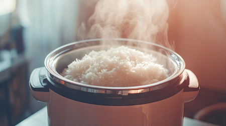 Close-up of fluffy white rice cooking in an electric rice cooker, steam rising gracefully from the pot, capturing the warmth and aroma of freshly cooked rice.の素材