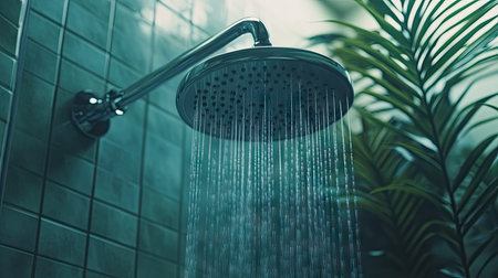 Chrome shower head with gentle water spray in a tiled bathroom, highlighting its elegant, modern design and pristine surroundingsの素材