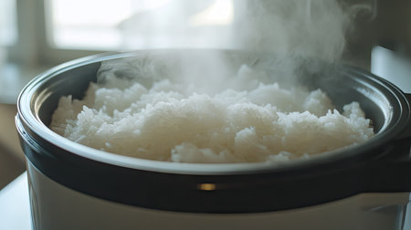 Close-up of fluffy white rice cooking in an electric rice cooker, steam rising gracefully from the pot, capturing the warmth and aroma of freshly cooked rice.の素材