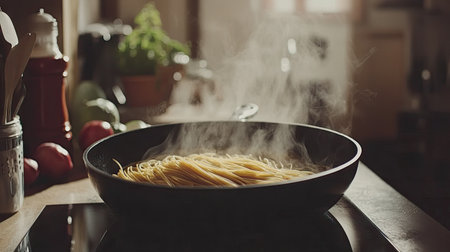 Black pan with spaghetti boiling, bubbles and steam, surrounded by fresh ingredients for an Italian meal in a warm kitchenの素材