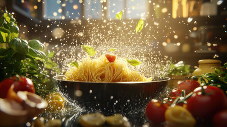 Black pan with spaghetti boiling, bubbles and steam, surrounded by fresh ingredients for an Italian meal in a warm kitchenの素材