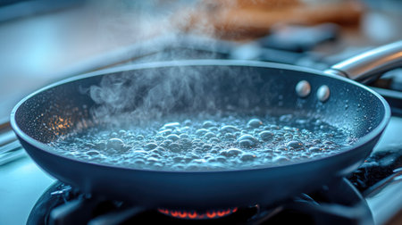 Black pan with spaghetti boiling, steam rising, and bubbling water, set on a stovetop for a warm, home-cooked meal vibeの素材