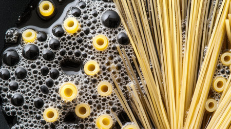 A close-up view of spaghetti boiling in a black pan, with hot bubbles and steam rising, ready for a pasta dishの素材