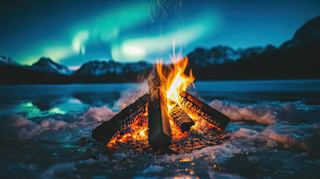 Campfire burning on a frozen lake at night, with golden reflections on the ice and the Northern Lights faintly visible aboveの素材