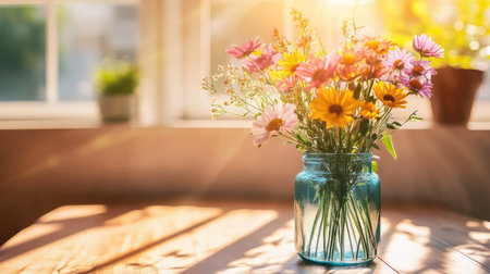 Bouquet of wildflowers in a glass vase, casting natural shadows on a sunlit background, creating a serene, warm vibeの素材
