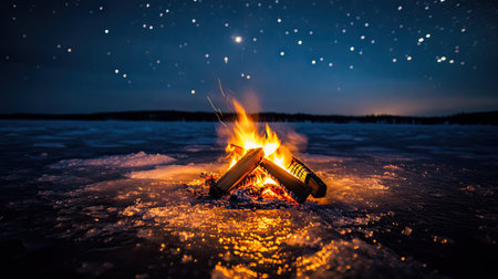 Campfire burning on a frozen lake at night, with golden reflections on the ice and the Northern Lights faintly visible aboveの素材