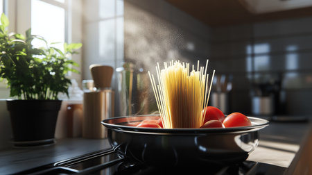 Black pan on a stovetop with spaghetti boiling, water bubbling, and steam rising, creating a cozy kitchen cooking sceneの素材