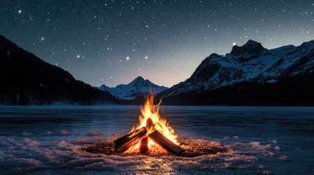 Campfire on frozen lake at night, with clear stars overhead and the quiet beauty of a winter landscape all aroundの素材
