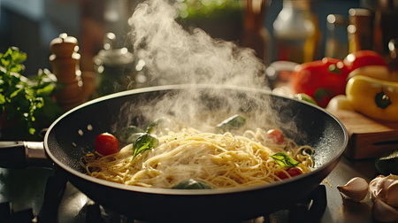 Black pan with spaghetti boiling, bubbles and steam, surrounded by fresh ingredients for an Italian meal in a warm kitchenの素材