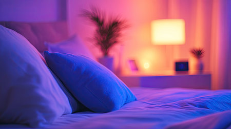 Beautifully decorated hotel bedroom with plush pillows, soft lighting, and a modern aesthetic, creating a warm and welcoming environmentの素材