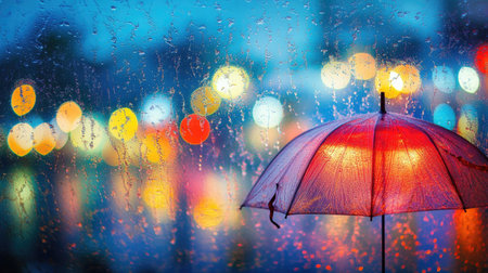 Clear umbrella against a heavy downpour, with large droplets on the surface and blurred bokeh lights in the backgroundの素材