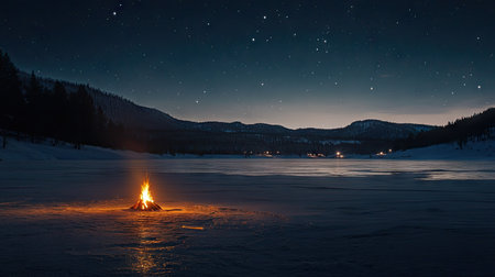 Campfire on frozen lake at night, with clear stars overhead and the quiet beauty of a winter landscape all aroundの素材