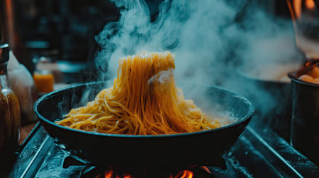Black pan with spaghetti boiling, steam rising, and bubbling water, set on a stovetop for a warm, home-cooked meal vibeの素材