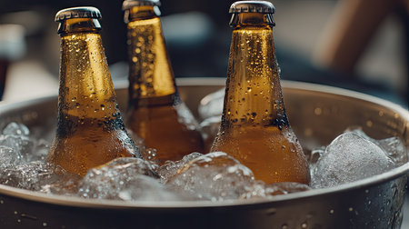 Chilled beer bottles in an ice-filled metal bucket, condensation forming, ideal for a relaxed summer evening setupの素材