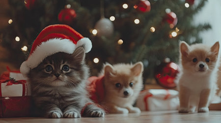 Cat and puppies in red Santa hats, with Christmas tree in the background and festive decorations around for a cozy holiday vibeの素材