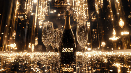 Champagne bottle and flutes with a glamorous  sign, surrounded by festive confetti and golden lights for New Year's Eveの素材