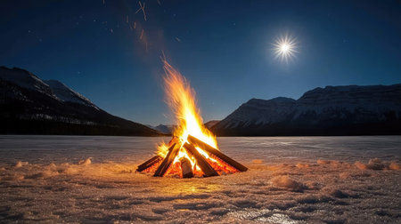Bright campfire on the ice of a frozen lake under a clear, moonlit night sky with snow-covered mountains in the distanceの素材