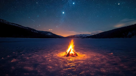 Bright fire on a frozen lake, with orange light illuminating the snow and stars twinkling in the vast night skyの素材