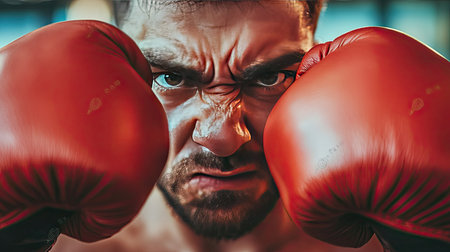 Gloved fists in focus as boxer stands ready, eyes narrowed in focus. Background is blurred, drawing attention to the gloves and fierce expression.の素材