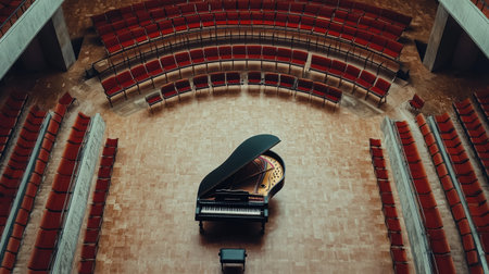 A bird's-eye view of a grand piano on stage in a vast, modern concert hall with rows of empty red seats.の素材