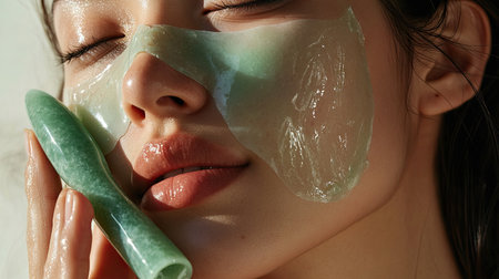 Close-up of a woman with a sheet mask, holding a jade roller, with skincare products and a peaceful ambianceの素材
