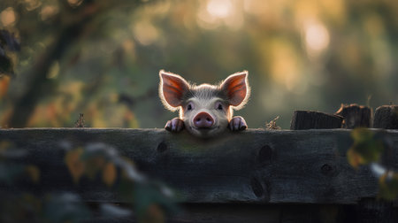 A mischievous piglet peeking over the edge of a wooden fence, its ears perked up.の素材