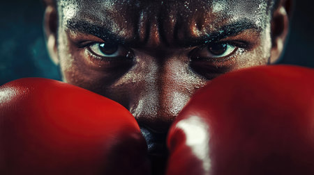 Boxer with gloves raised near their face, serious look captured in close-up. Lighting focuses on gloves and determined eyes.の素材