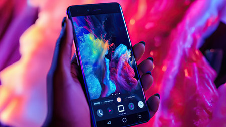 A person's hand adjusting a photo in a smartphone editing app, vibrant colors on the screen.の素材