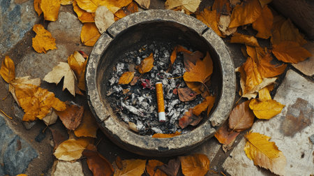 A single cigarette butt resting in an outdoor ashtray filled with ash and scattered leavesの素材