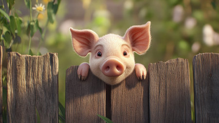 A mischievous piglet peeking over the edge of a wooden fence, its ears perked up.の素材