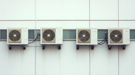 A side view of a multi-unit air conditioning system attached to a modern industrial building.の素材
