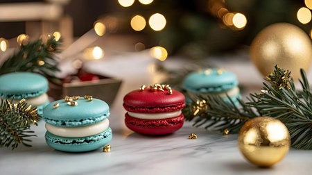 Christmas macaron collection with colorful holiday decorations, surrounded by pine branches and golden ornaments for a magical lookの素材