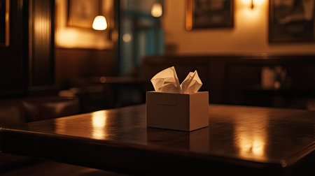 A close-up of a tissue box with white napkins gently pulled out, sitting on a polished wooden table in a cozy, warmly lit room.の素材