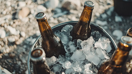 Beer bottles nestled in a metal bucket packed with ice, ready for a gathering with friends, showcasing a casual, refreshing vibeの素材