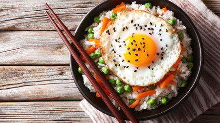 Bowl of fried rice with egg, carrots, and green peas, with chopsticks resting on the side, ready to be enjoyed as a cozy homemade mealの素材