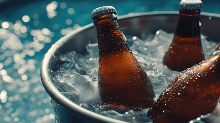 Beer bottles cooling in a metal bucket filled with ice, perfect for a laid-back summer day, with refreshing condensation forming on the bottlesの素材