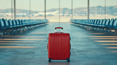 A suitcase positioned in an empty airport terminal with rows of empty chairs and a bright, modern design, suggesting anticipation of travelの素材