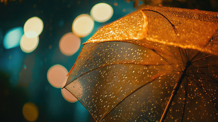 Clear umbrella against a night rainstorm, with water droplets clinging to the surface and a bokeh background of soft lightsの素材
