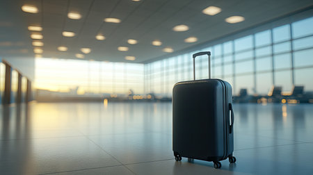 A single suitcase in a vast, empty airport terminal with large windows, bright lighting, and clean floors, evoking a calm travel ambianceの素材