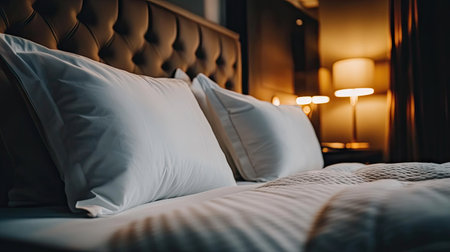 Beautifully decorated hotel bedroom with plush pillows, soft lighting, and a modern aesthetic, creating a warm and welcoming environmentの素材